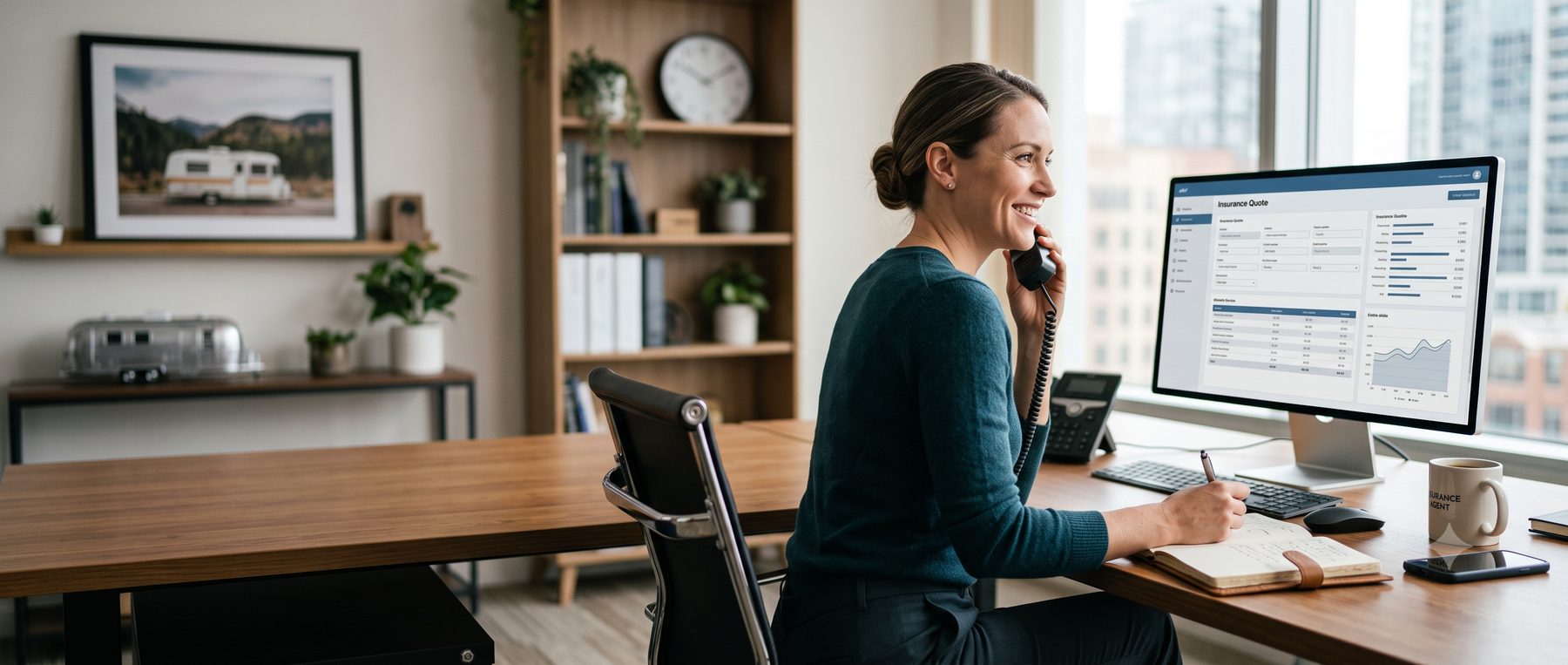 EVN agent reviewing an insurance quote at her desk