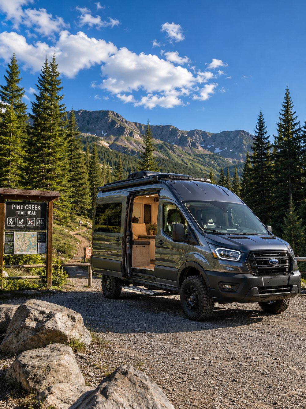 Camper van parked at a mountain trailhead with the side door open