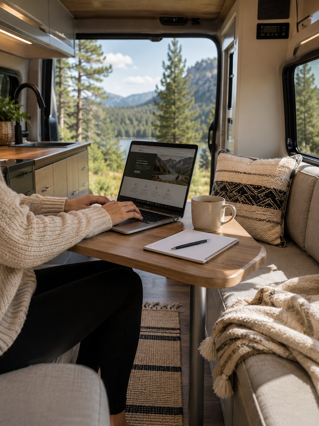 Person working on a laptop inside a camper van