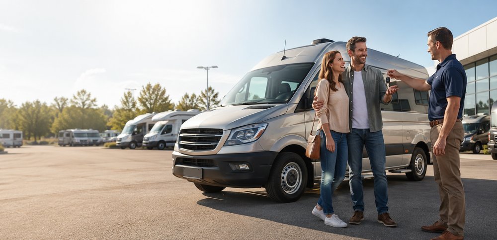 Couple receiving the keys to their new RV at a dealership