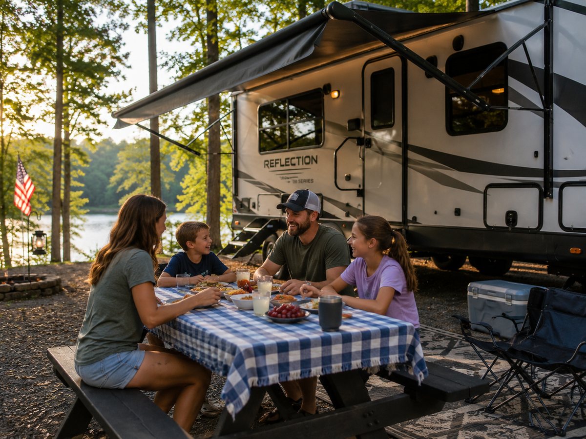 Travel trailer with awning extended at a wooded campsite